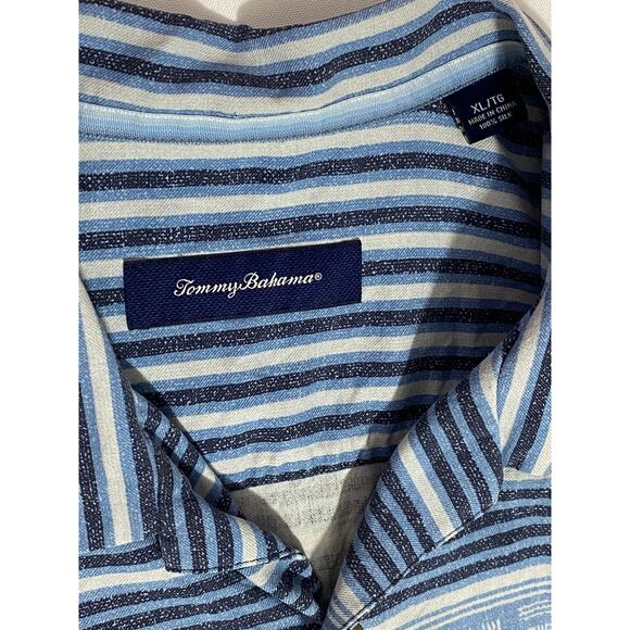 Tommy Bahama Silk Short Sleeve Button-Up Shirt Blue Stripe Geometric Size XL - Picture 8 of 8